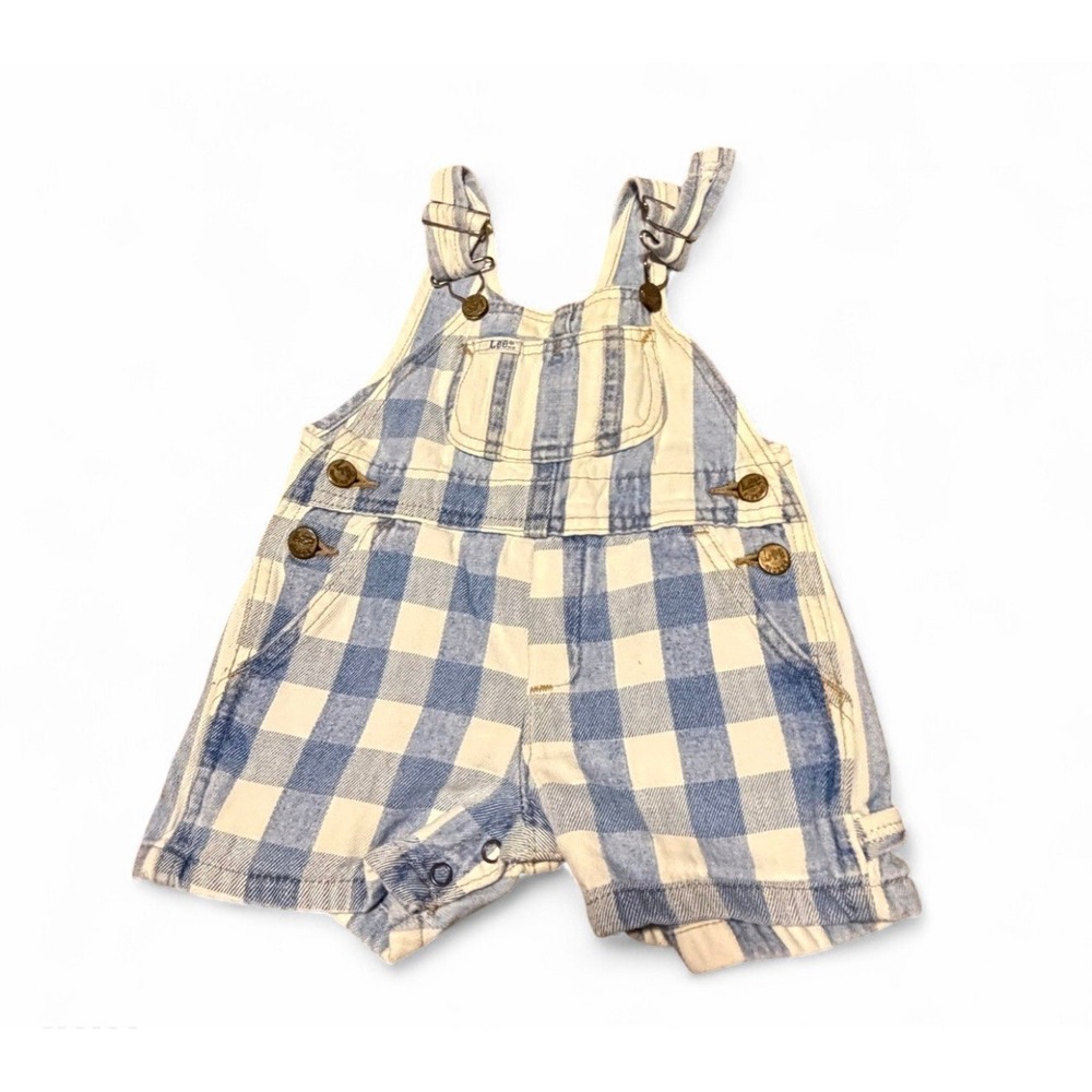Vintage Lee Plaid Shortalls Baby Toddler 24 Months Blue White Denim Overalls